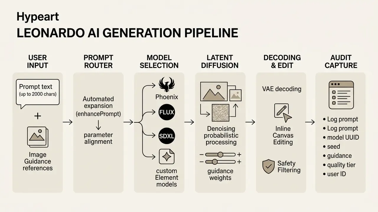 Flowchart illustrating the Leonardo AI generation process from user input through model selection to audit
