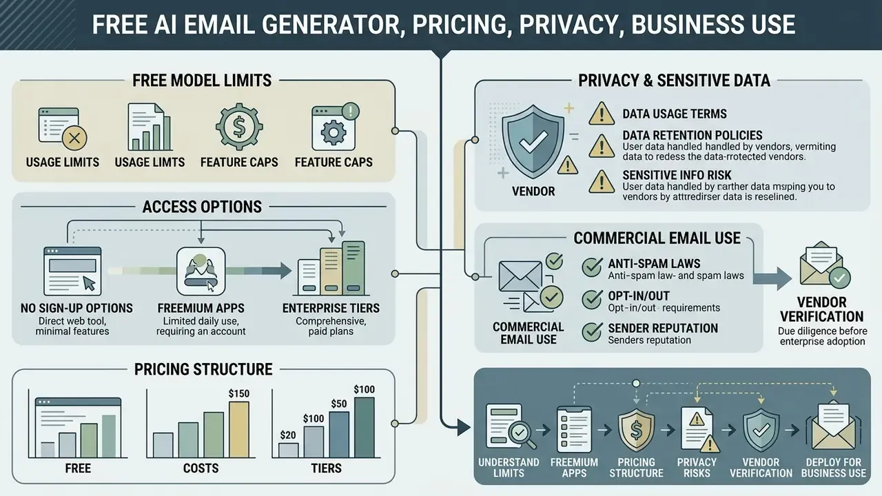 Infographic summarizing considerations for using an AI email generator including pricing and privacy risks
