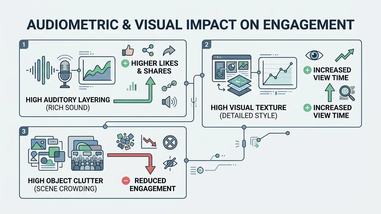 Infographic showing how sound, visual detail, and scene clutter affect audience engagement metrics