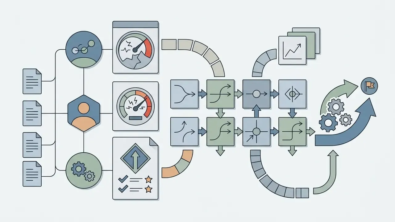 System diagram showing character profiles, arc matrices, and interconnected steps leading to a goal