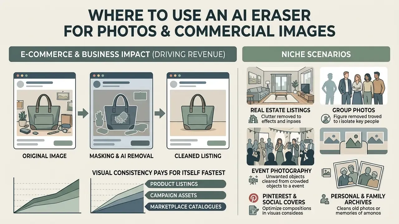 Layout comparing e-commerce product cleanup workflows with various niche photography use cases