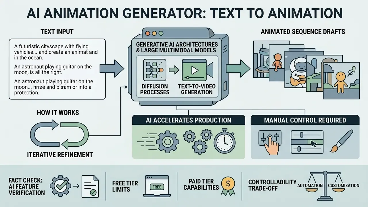 Process flow showing text prompts converted by generative AI models into animated sequence drafts