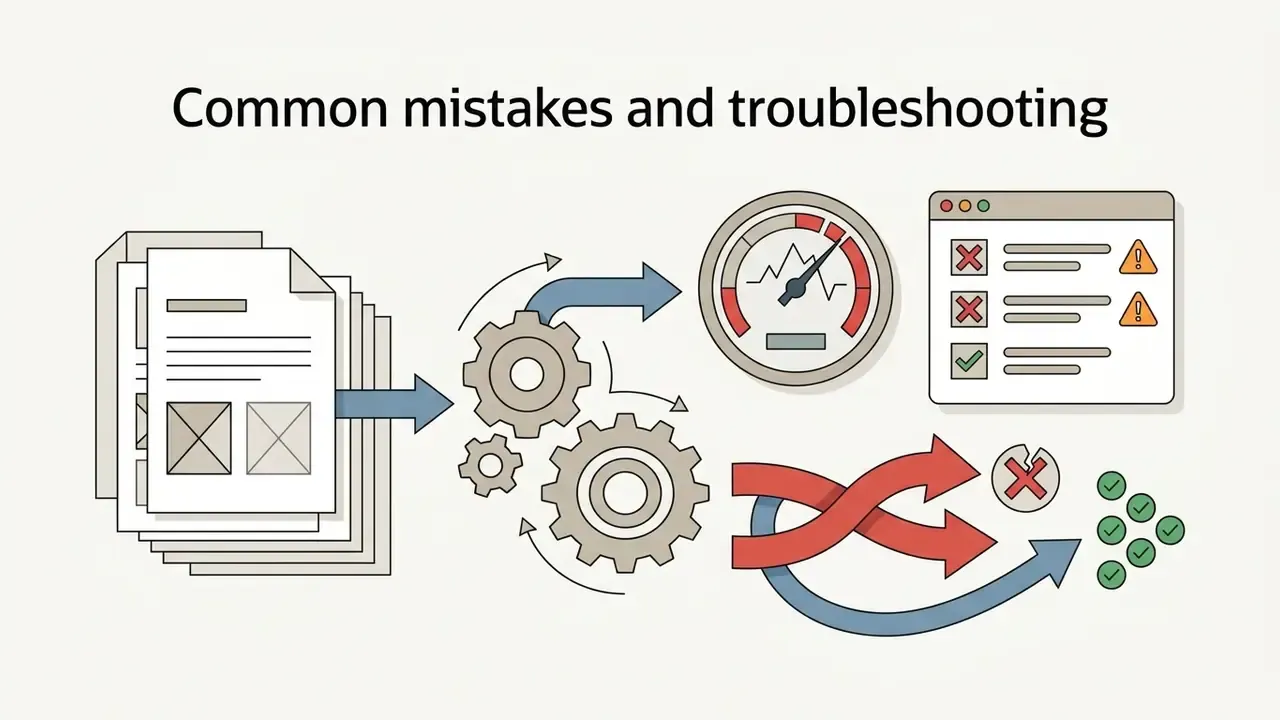 Stack of documents moving through gears toward a gauge and a list of status icons with warning signs