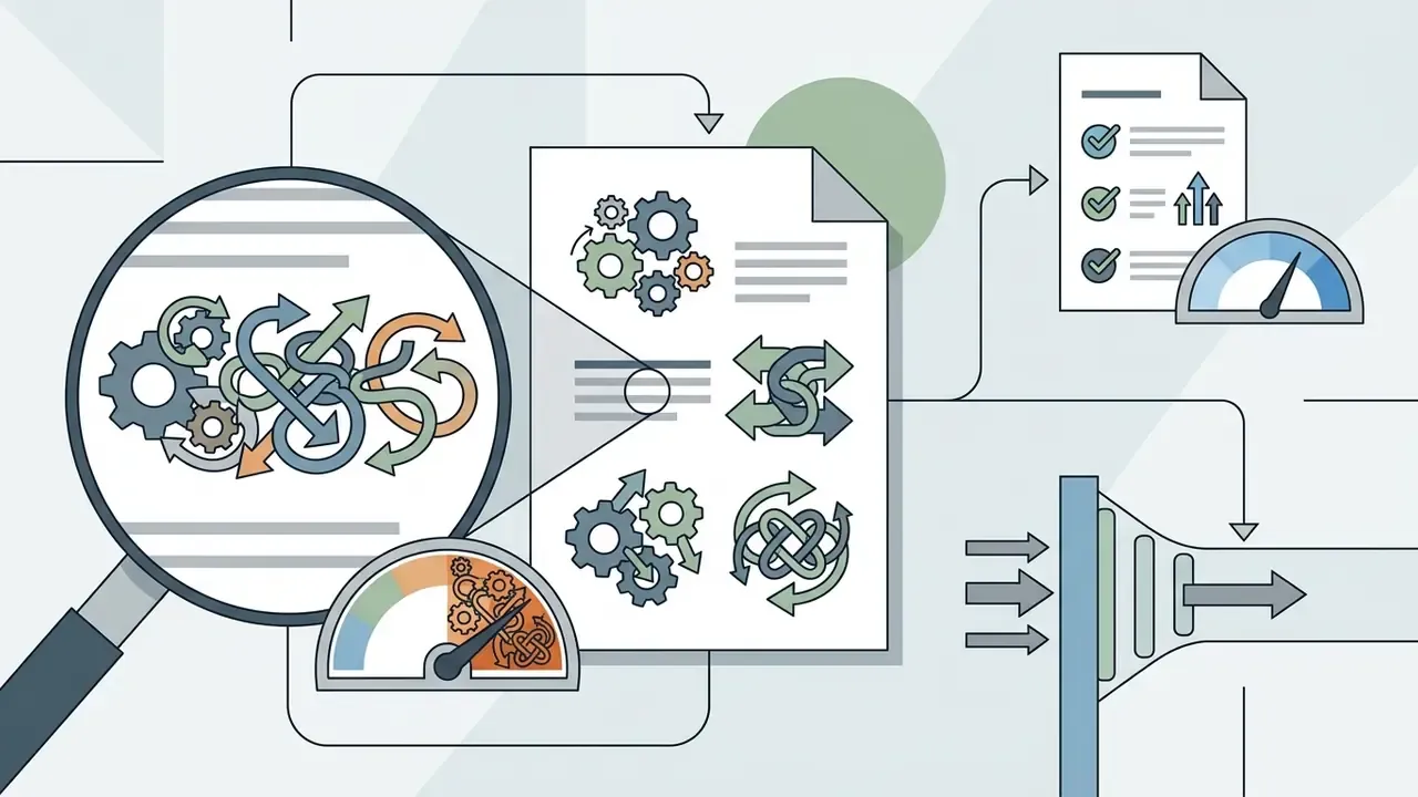 Magnifying glass examining a cluttered document with gears and arrows passing through a funnel