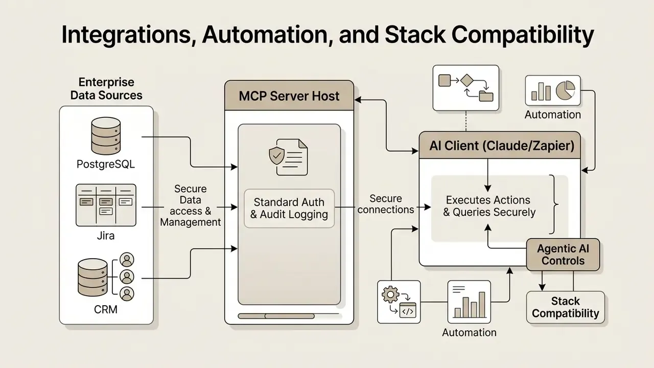 Diagram showing enterprise data sources connecting through an MCP Server Host to an AI client for automation
