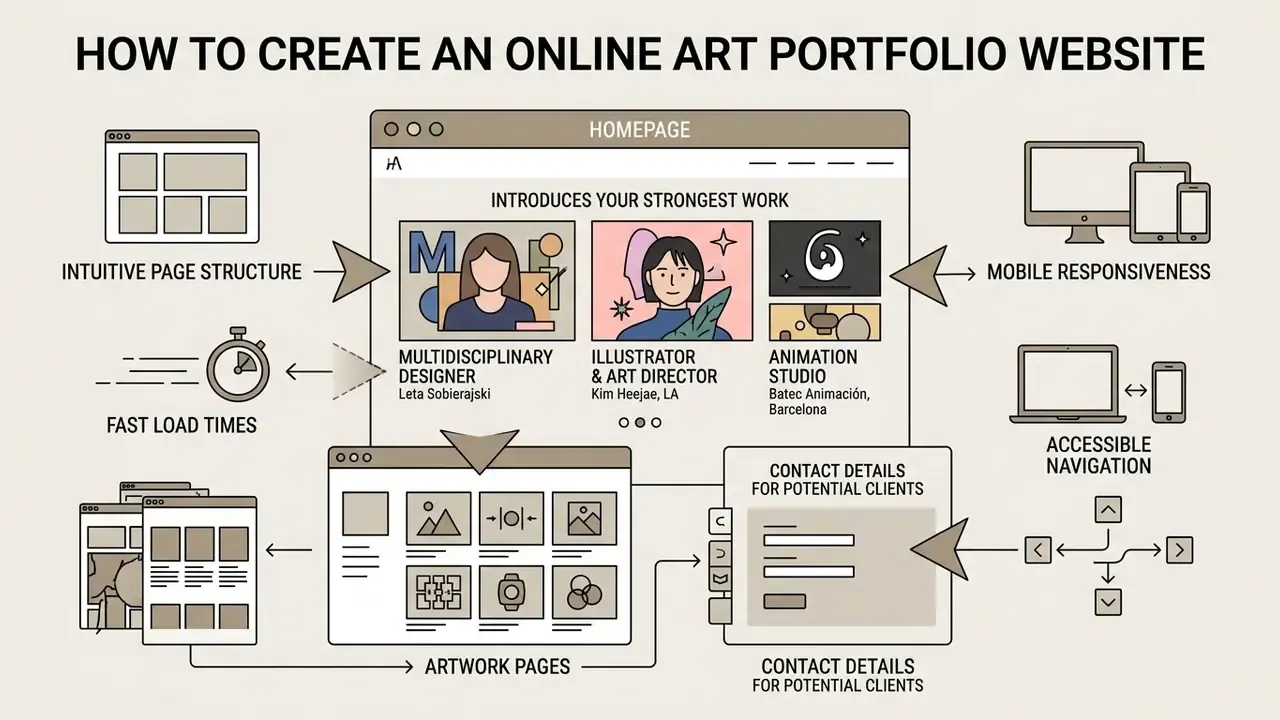 Diagram showing essential elements for how to create an online art portfolio website with key features