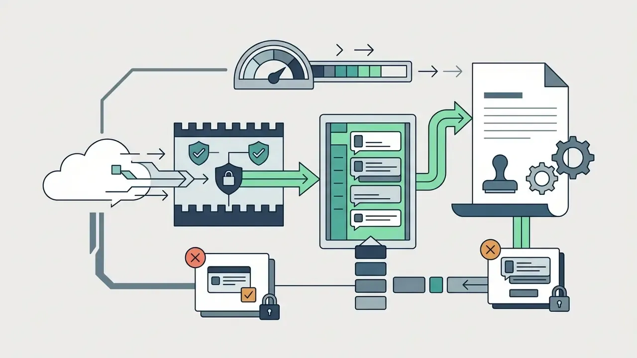 Cloud data flowing through a security filter into a prompt archive and stamped legal documentation