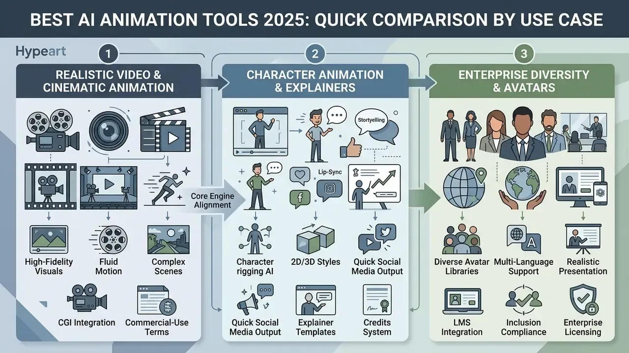 Infographic comparing AI animation tools by use case, including cinematic, character, and enterprise needs