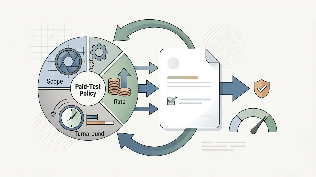 Circular diagram of policy components pointing to a document with a shield icon and speed gauge
