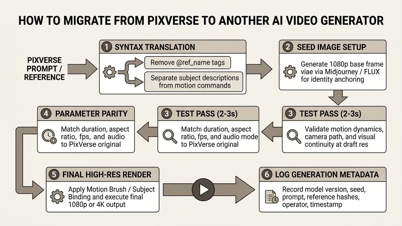 Step-by-step process diagram for migrating from PixVerse to another AI video generator tool