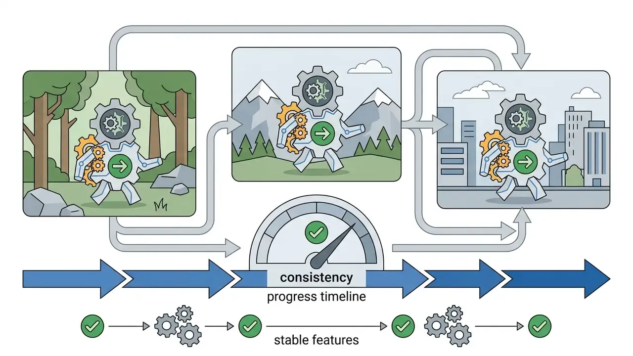 Gear character moving through different scenes connected by a consistency gauge and progress timeline