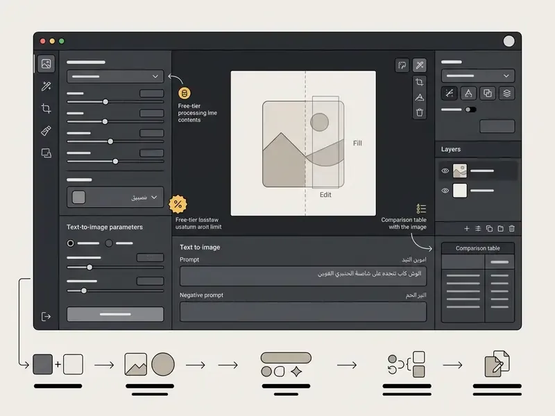 Annotated interface of a free Arabic AI image generator with control panels and a workflow diagram below