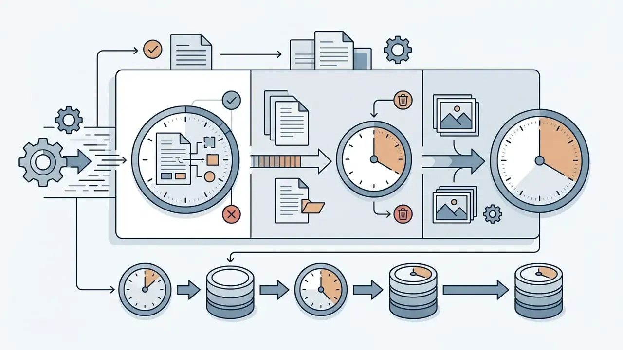 Process icons showing server data retention timelines with clocks and document storage symbols