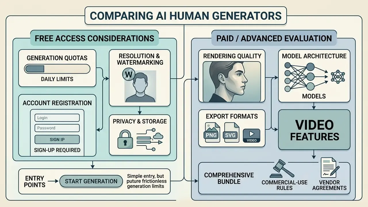 Comparison chart contrasting free access limitations with paid evaluation criteria for synthetic media tools