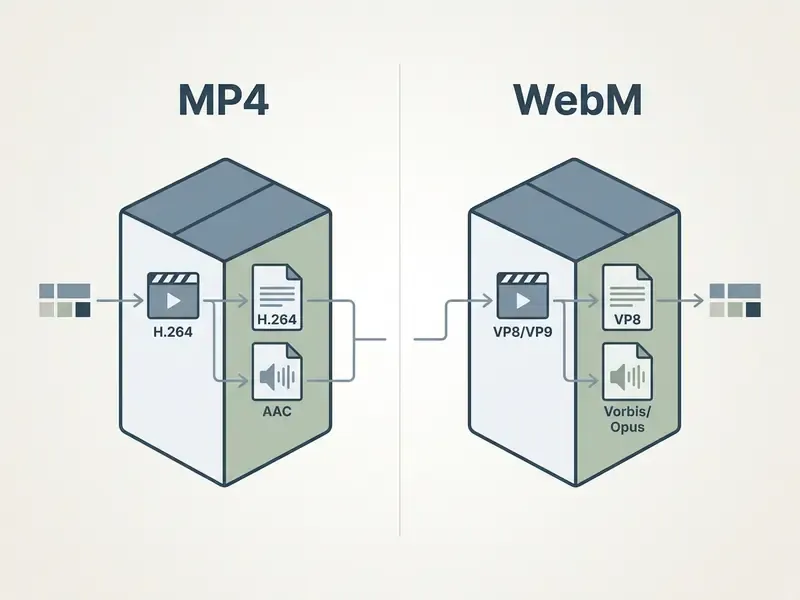 Comparison of MP4 and WebM video containers showing internal video and audio codec structures
