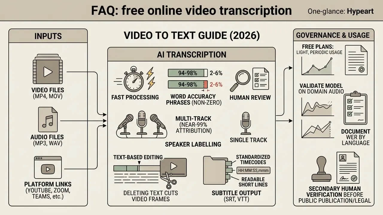 Visual guide showing media input sources, AI processing metrics, and governance steps for text conversion
