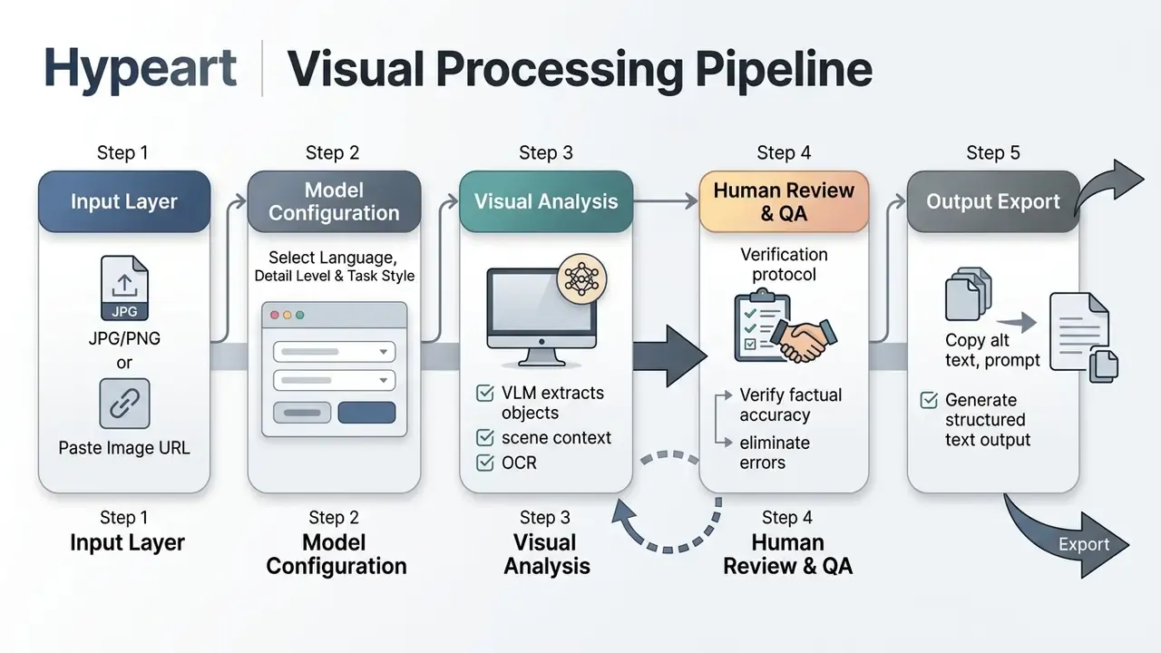 Five-step workflow diagram illustrating data input, model configuration, visual analysis, human review, and export