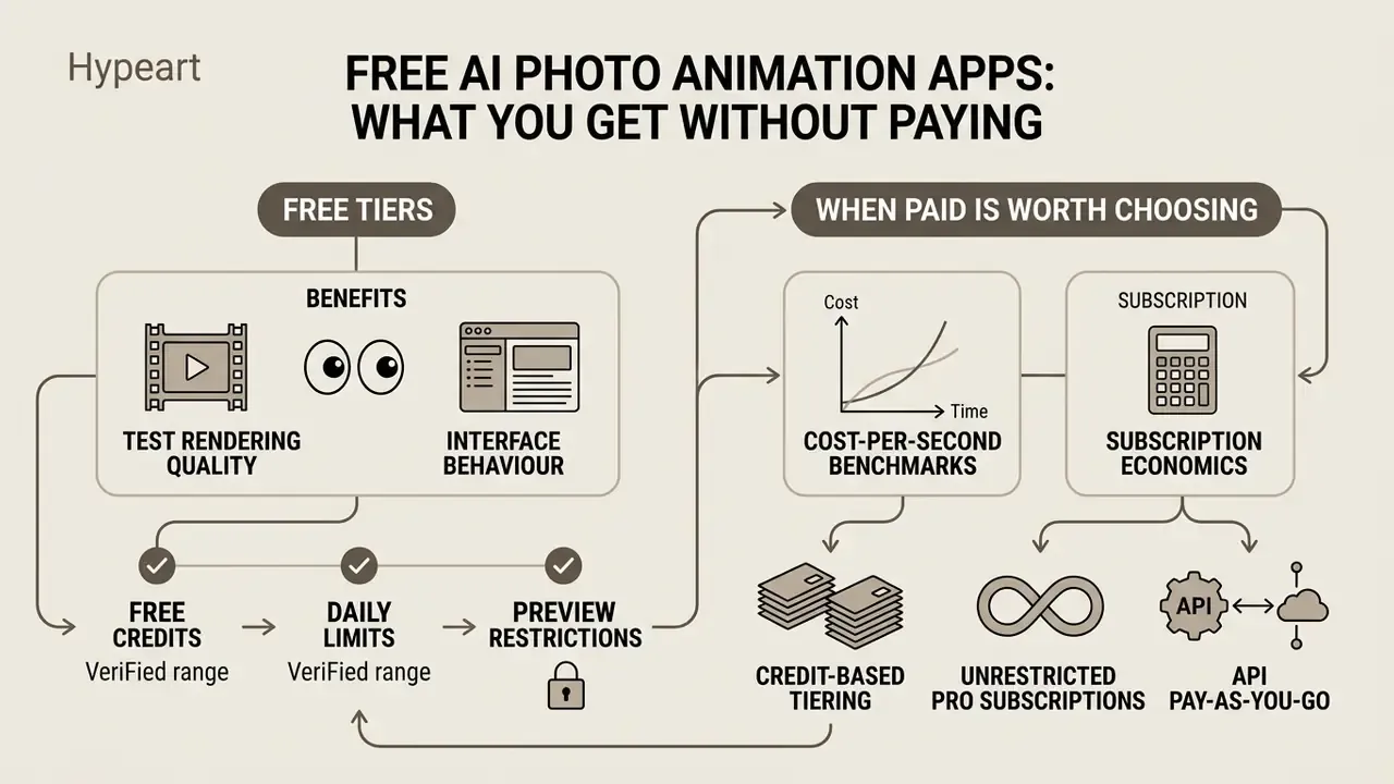 Infographic comparing free tier benefits against paid subscription models for video generation software