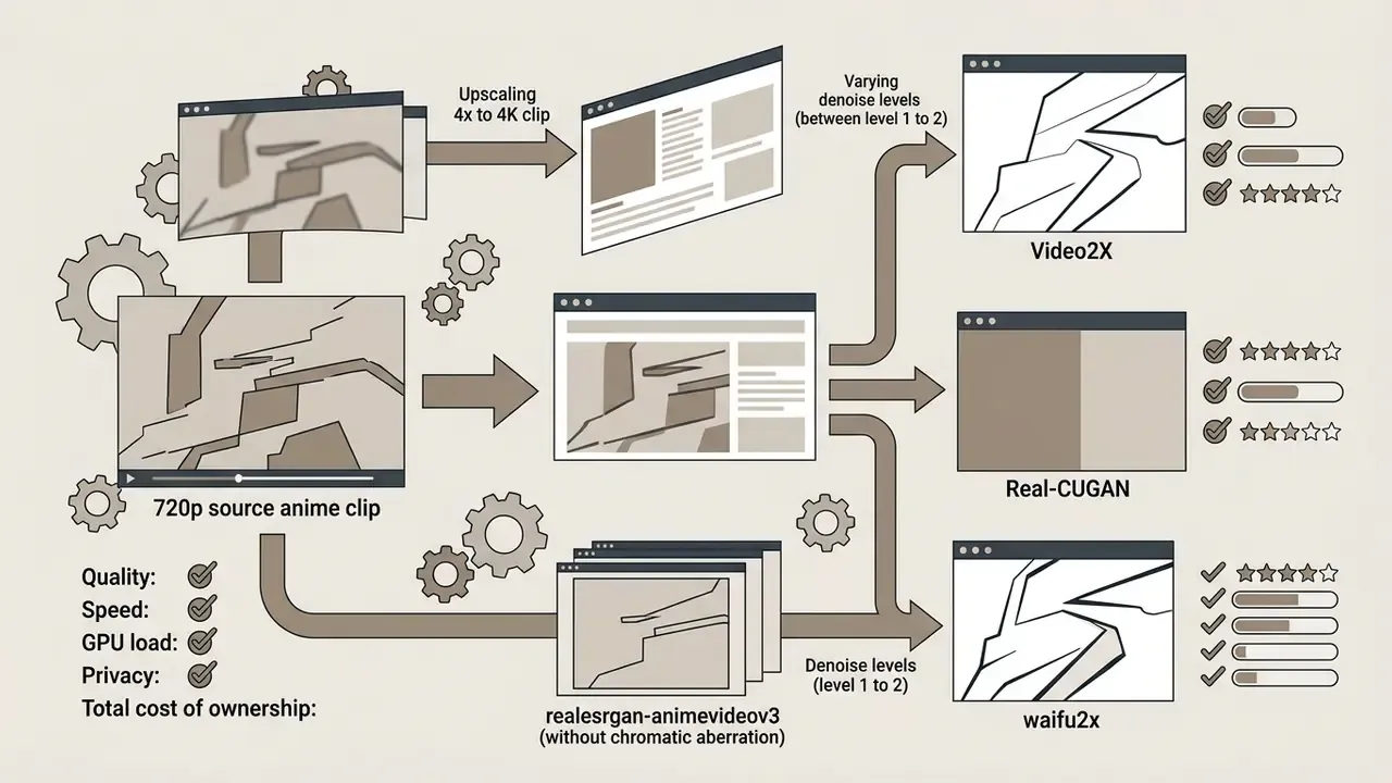 Flowchart showing 720p anime video processed by Video2X, Real-CUGAN, and waifu2x for 4K upscaling