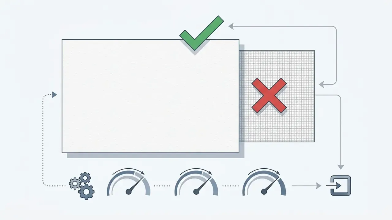 Comparison of a blank paper texture and a grid pattern with check and cross marks above technical gauges