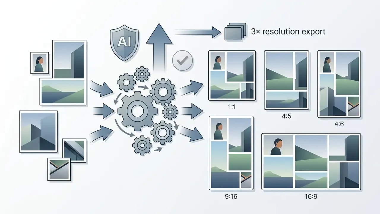 AI processing gears converting individual photos into various aspect ratio collage layouts for export
