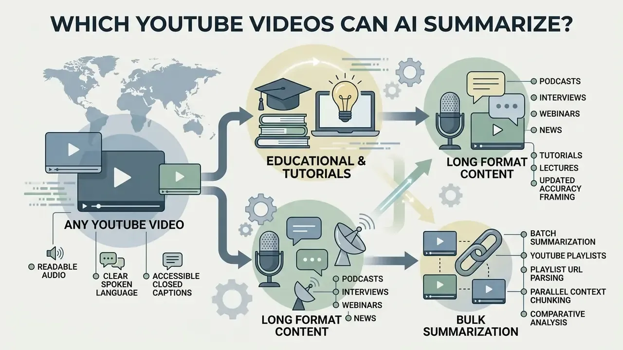 Infographic mapping video types suitable for automated processing like educational content and playlists