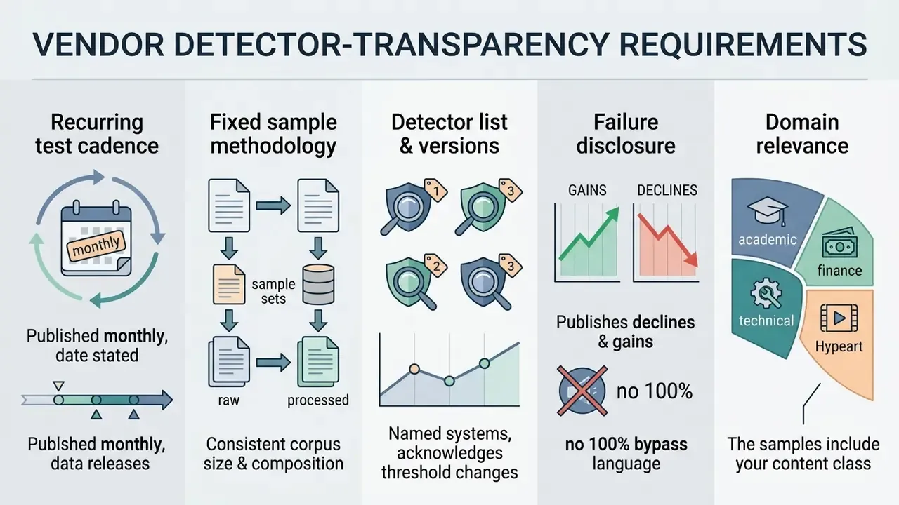 Five vertical columns outlining criteria for testing and reporting on AI detection software performance
