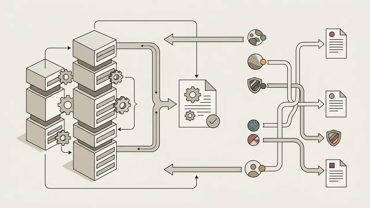 Server clusters processing data into documents and security icons representing NightCafe AI account management