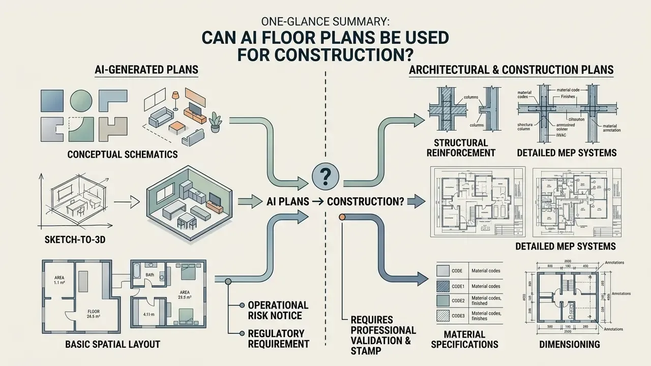 Comparison of conceptual AI spatial schematics versus detailed architectural and construction blueprints
