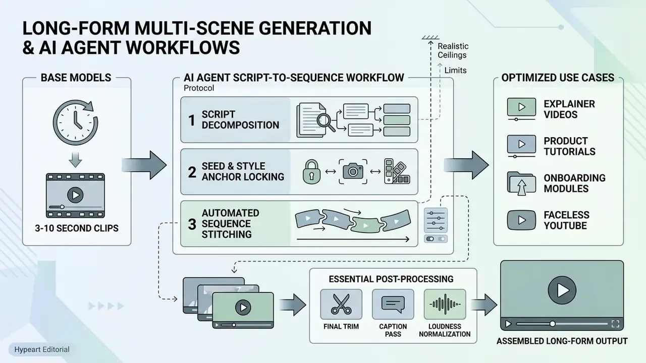 Diagram detailing a three-step AI workflow for stitching short video clips into long-form content