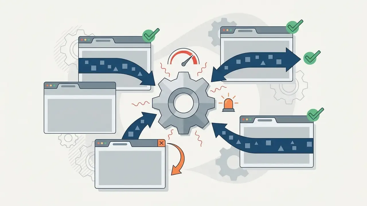 Multiple browser windows feeding data into a central gear with a warning light and speed gauge