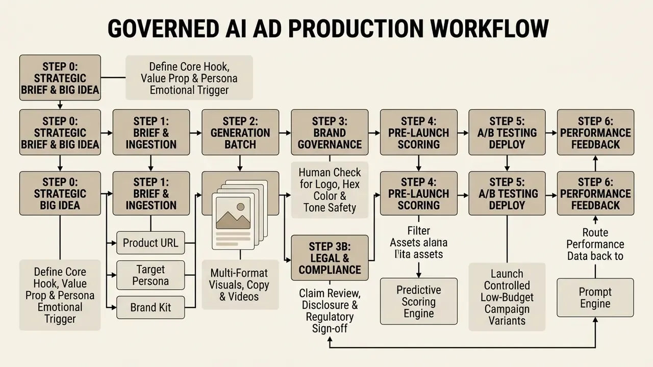 Step-by-step flowchart detailing a governed AI ad production workflow from strategic brief to performance