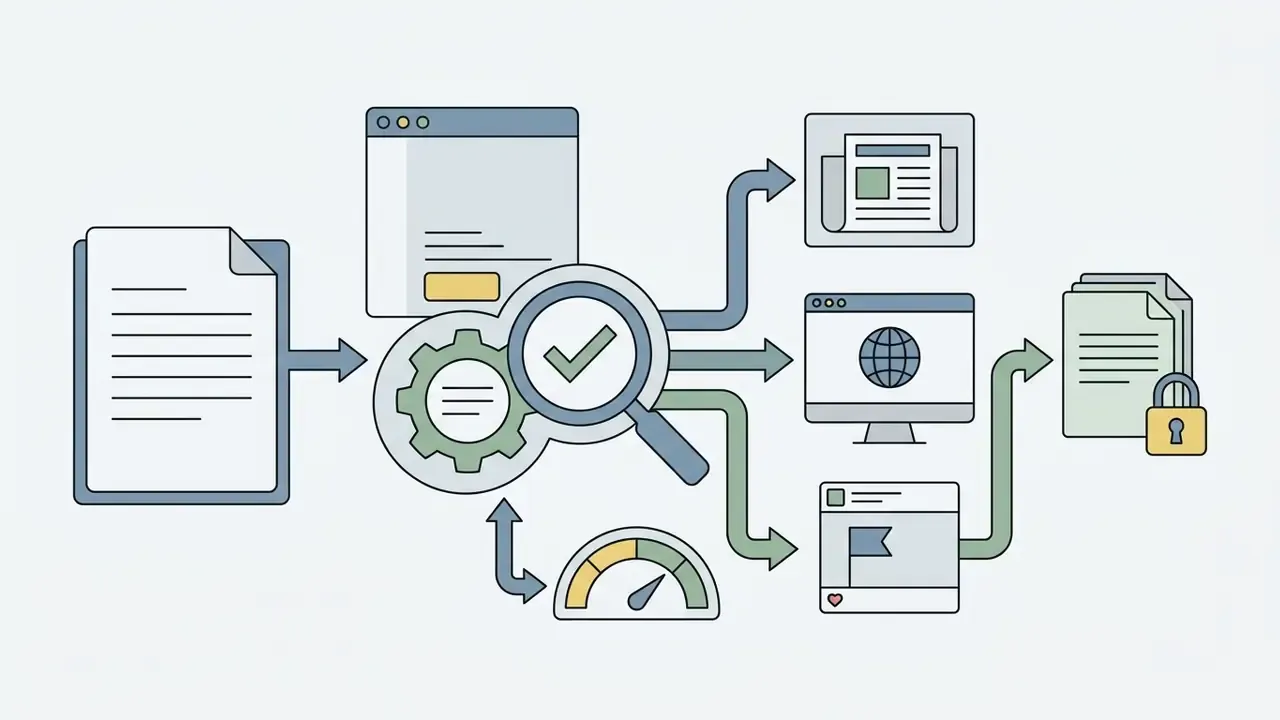 Process map showing document review, auditing, and distribution across media channels to locked files