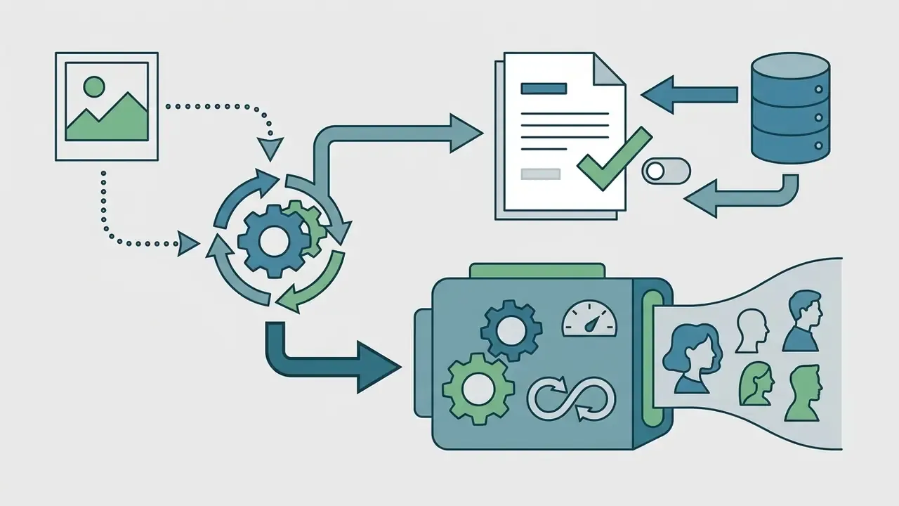 Photo data flowing through a gear system to a database document and an AI face generator processing unit