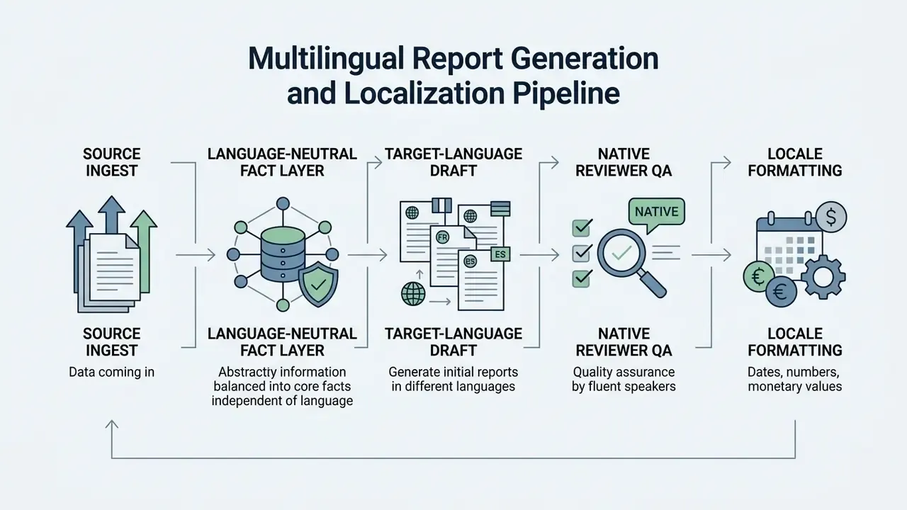 Five sequential stages for an AI report generator covering data ingestion, fact extraction, and localization
