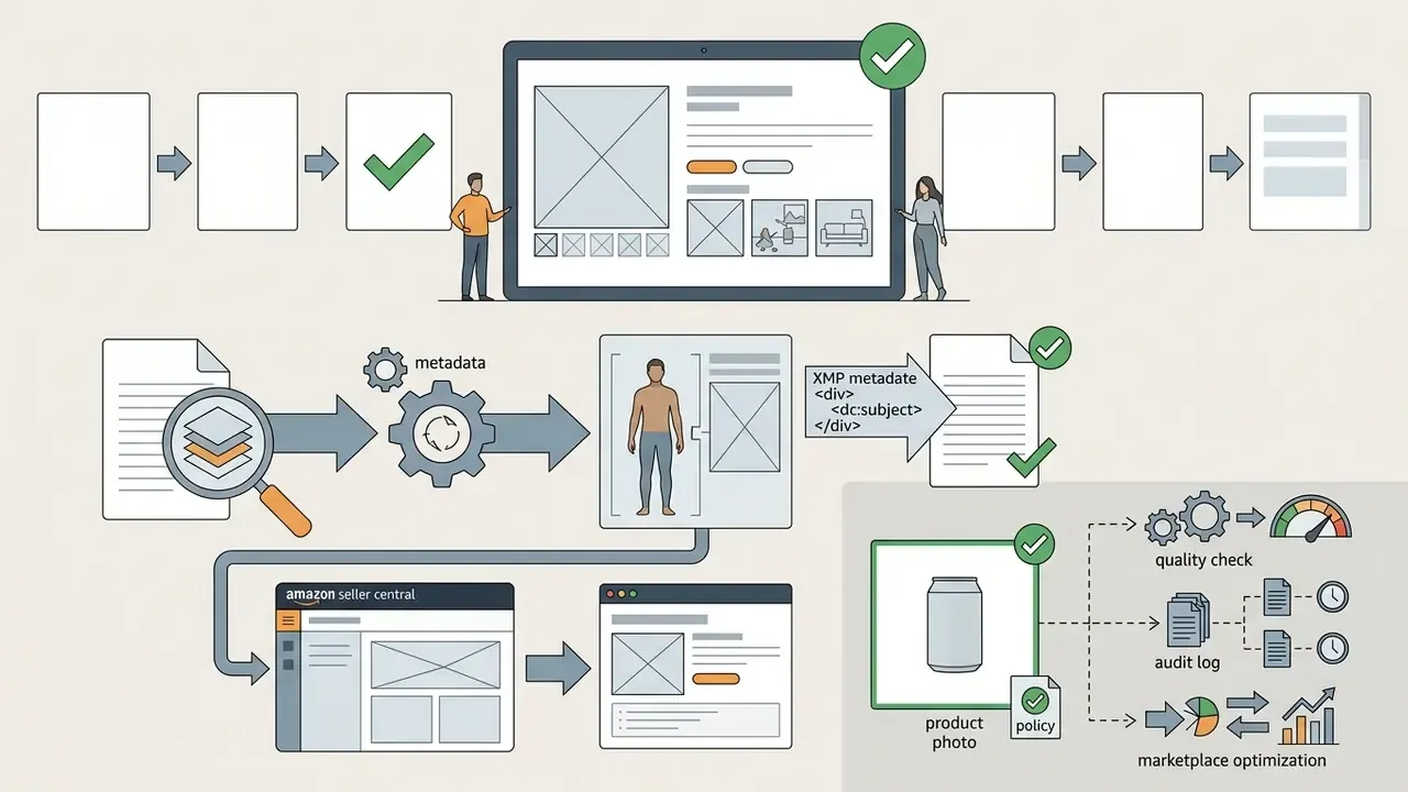 Process showing metadata tagging for synthetic humans and compliance checks for product photography