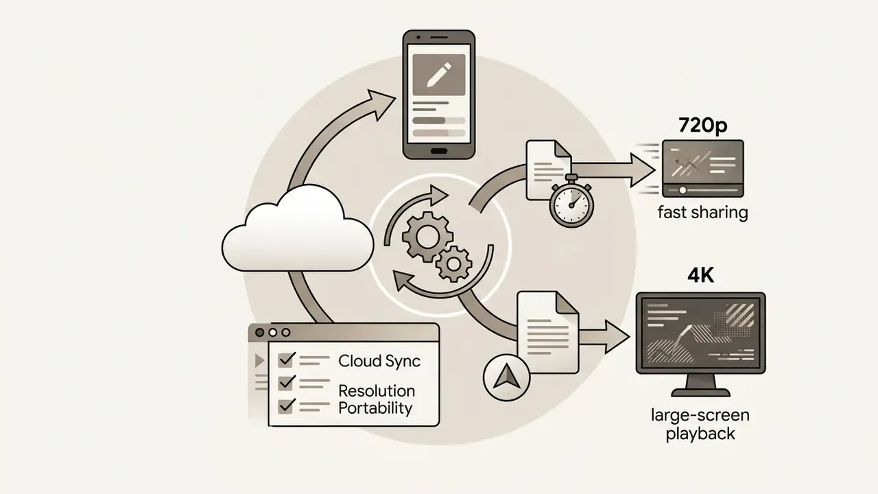 Cloud system processing project files into 720p for fast sharing or 4K for large-screen playback