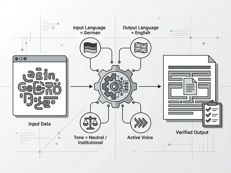 Process diagram showing German text input being transformed through a gear engine into English output