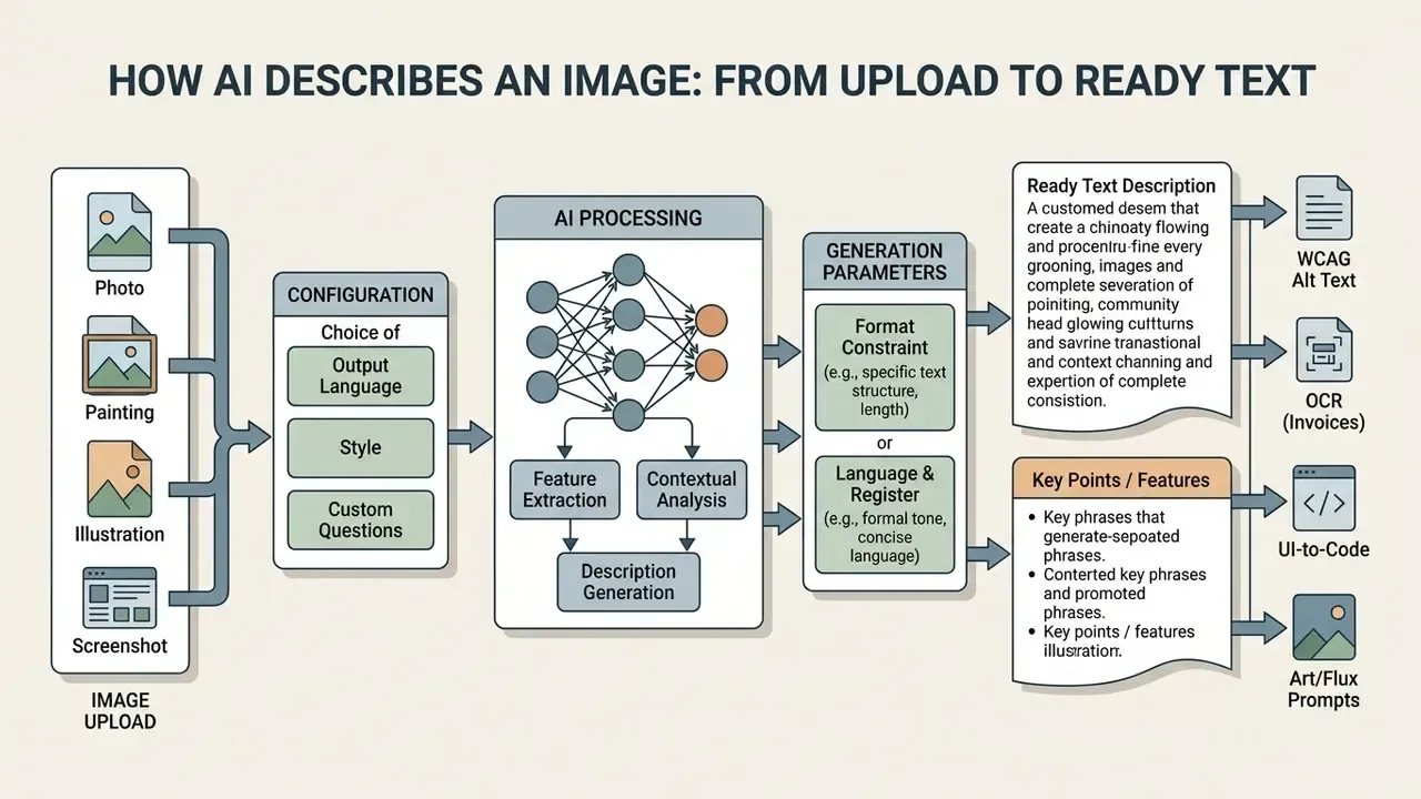 Infographic mapping the steps from image upload and configuration through AI processing to final text output