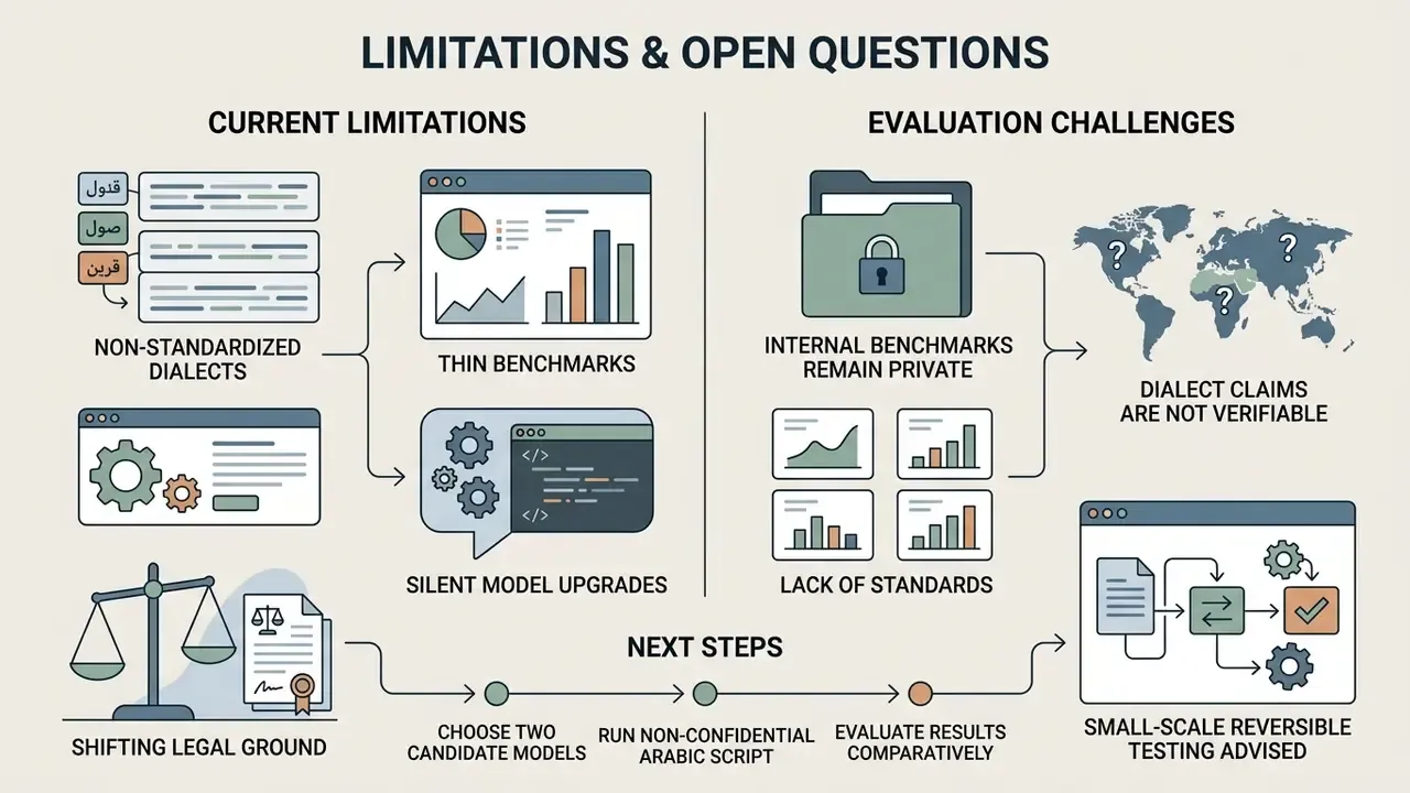 Infographic outlining technical limitations, evaluation challenges, and testing steps for AI video tools