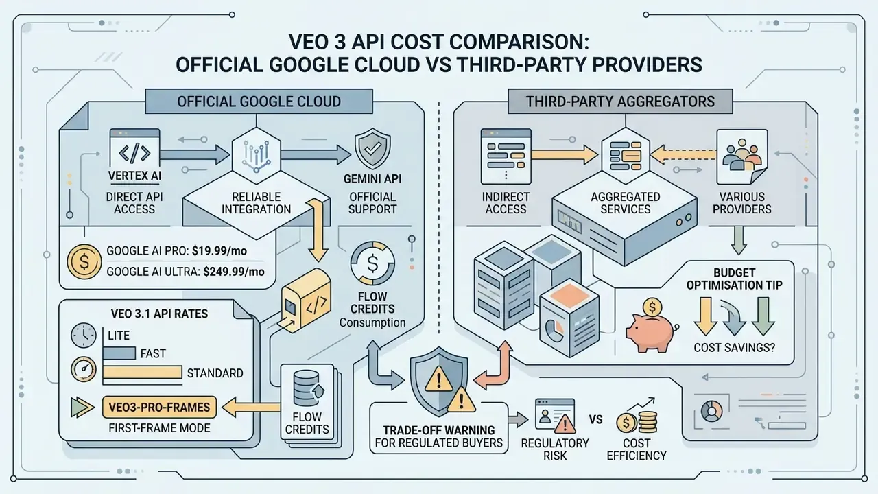 Comparison diagram showing Google Cloud and third-party aggregator pathways for accessing Veo 3 API services