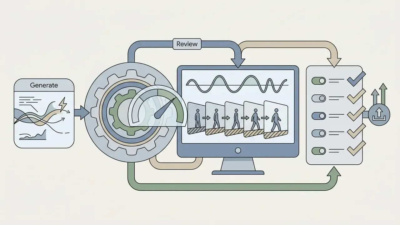 Gear mechanism with speedometer checking animation frames on a computer screen against a checklist