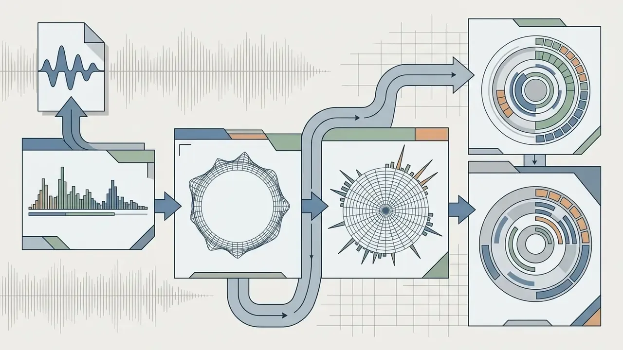 Process showing audio waves converted into radial and circular HUD style frequency visualizers