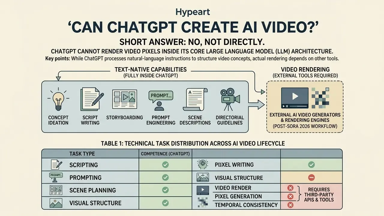 Infographic showing ChatGPT handles text-based video planning while external tools perform rendering