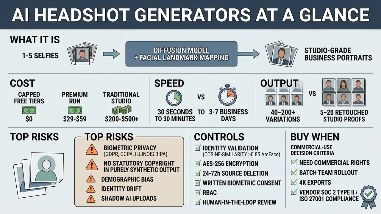 Infographic comparing AI headshot generator costs, speeds, risks, and output against traditional studios