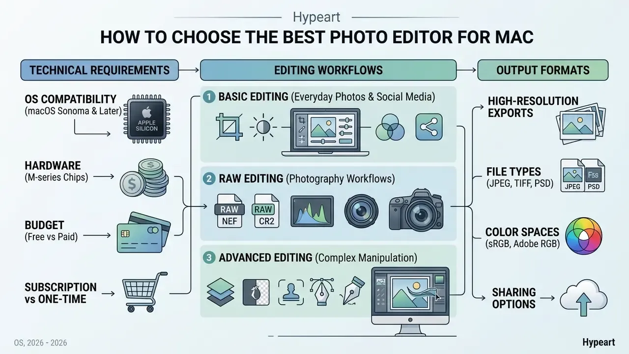 Infographic outlining technical requirements, editing workflows, and output formats for choosing a photo editor for Mac
