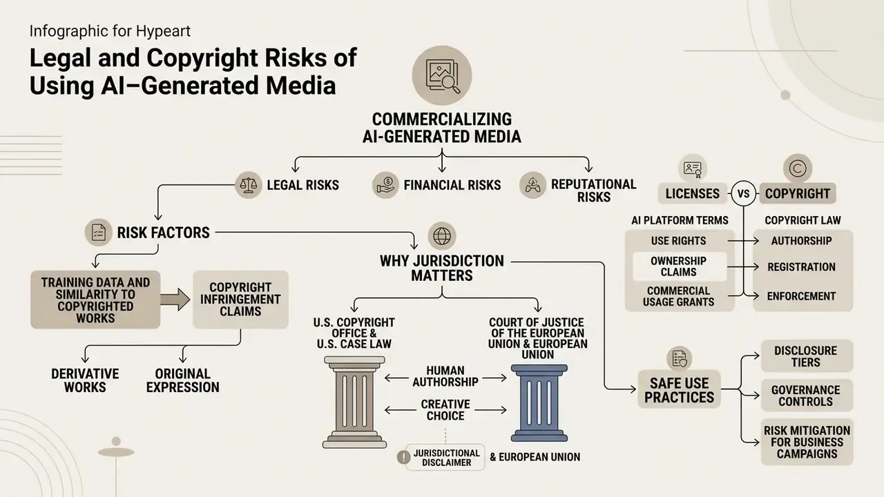 Infographic mapping legal risks, jurisdictional factors, and copyright considerations for commercial AI media