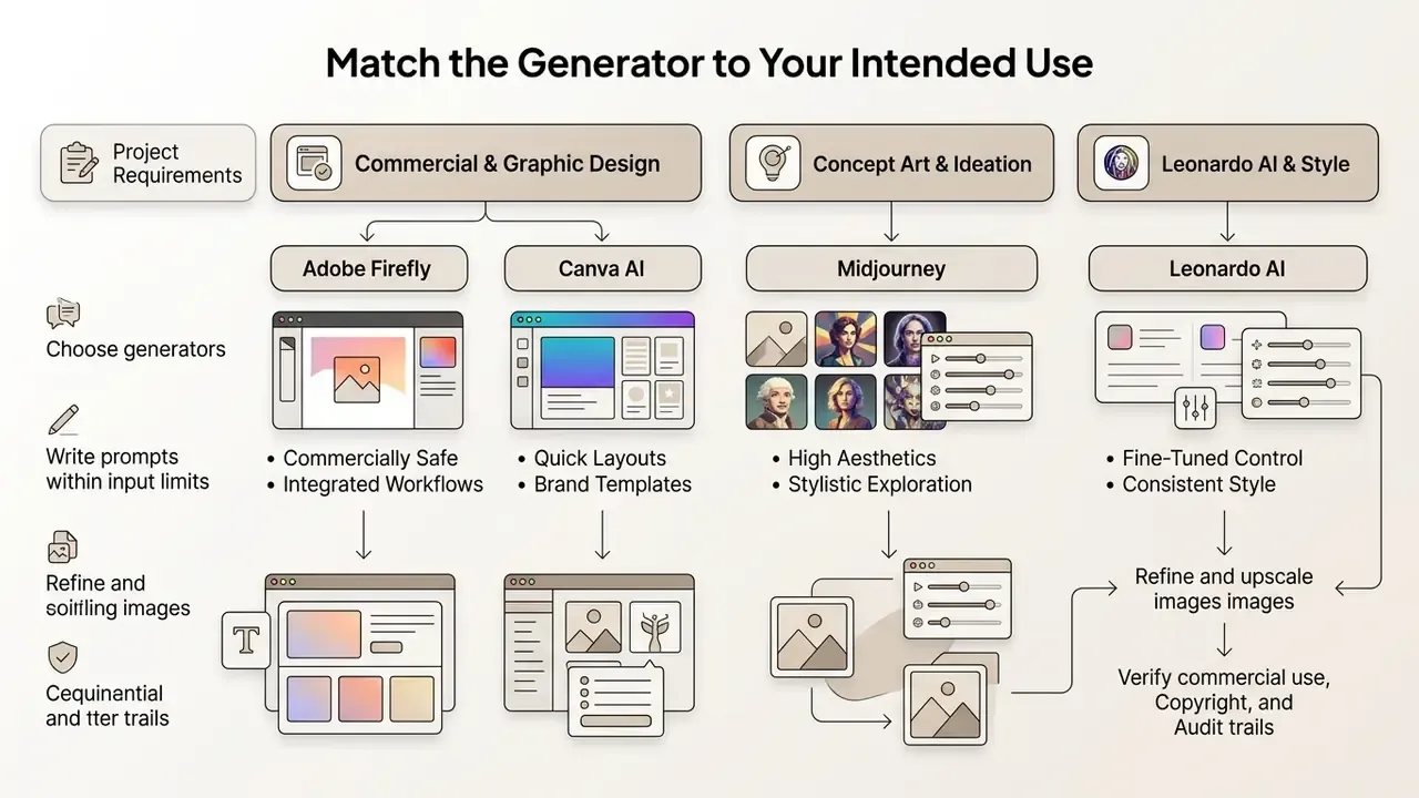 Categorization chart mapping specific AI art generators to different project requirements and use cases