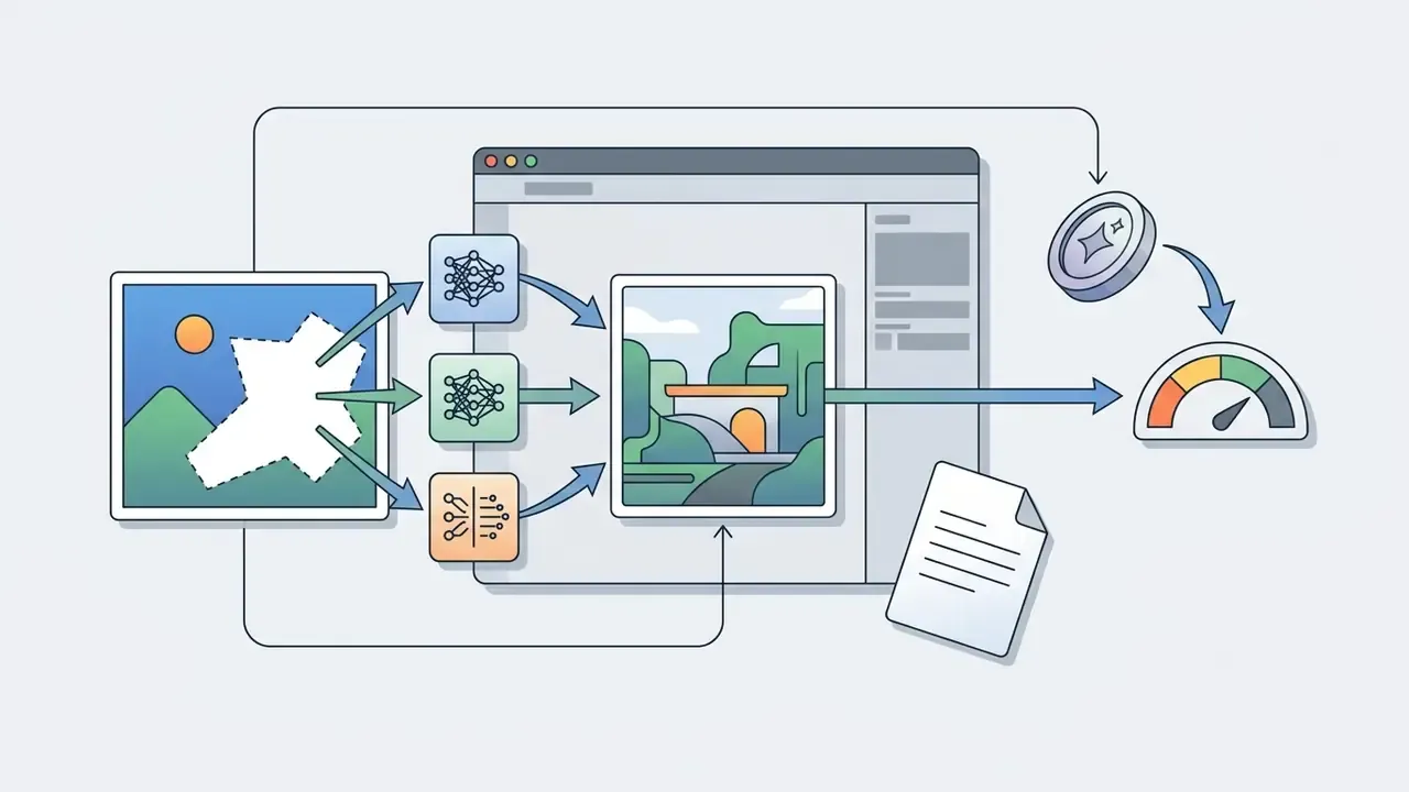 Image editing interface processing prompts through neural network icons into a gauge and credit system
