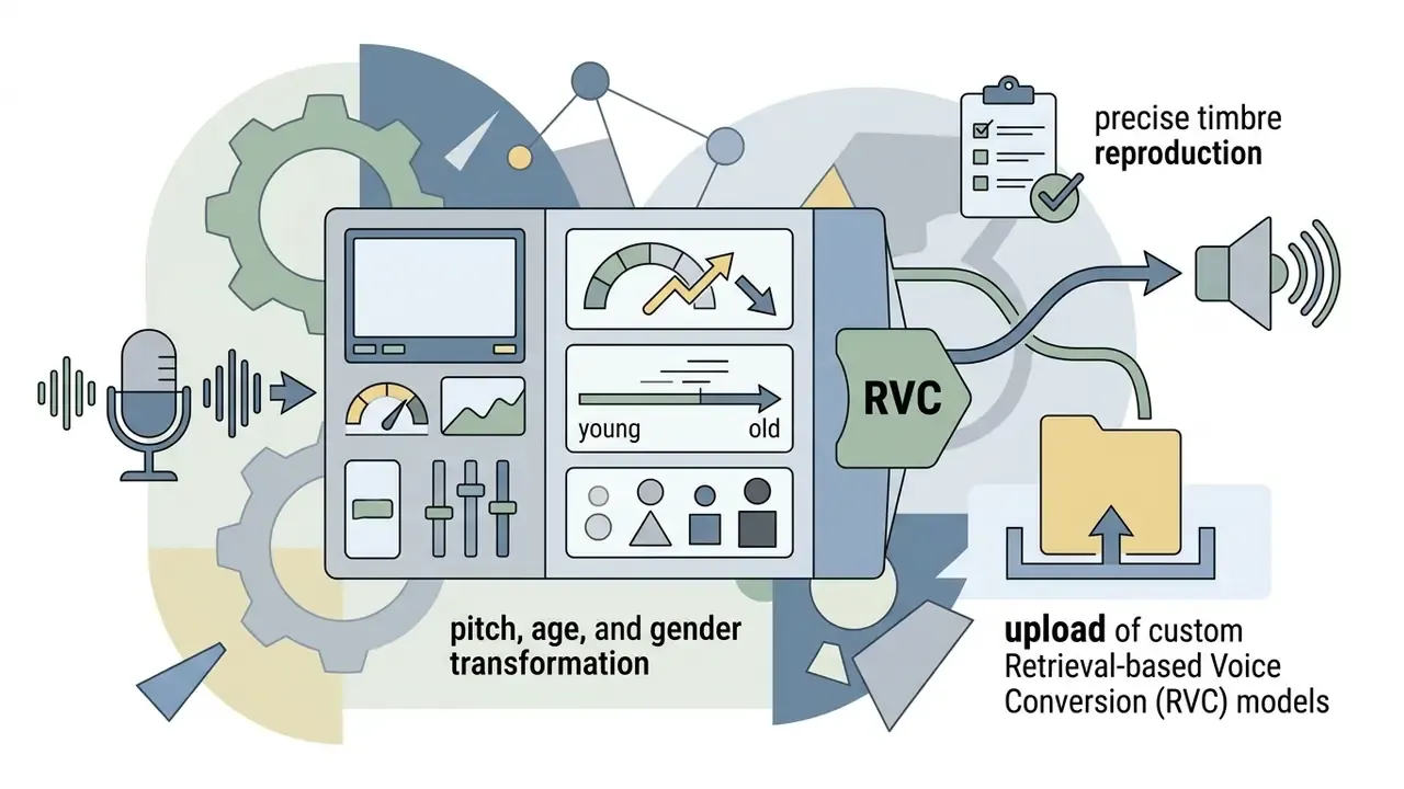 Control panel interface showing voice transformation settings and RVC model upload for audio processing